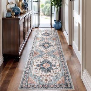 lot 17190 image: Tangsoo 2.6x8 Washable Runner Rug for Hallways, Non Slip Vintage Rug, Soft Low Pile Long Runner, Blue Carpet Runners for Kitchen Bedroom Entryway Bathroom Living Room