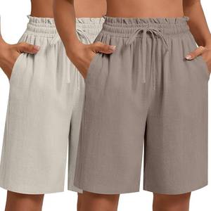 lot 17204 image: Neer 2 Pcs Womens Linen Summer Shorts Casual Bermuda Wide Leg Mid Length High Waisted Drawstring Short with Pocket, Size Large