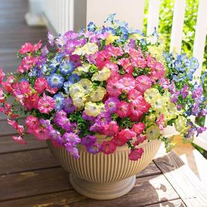 lot 17206 image: HyeFlora Artificial Flowers for Outdoors Fake Plants Outside Decoration, 12 Bundles Silk Colorful Morning Glory with Eucalyptus UV Resistant Realistic Faux Flowers for Planter Porch Patio Yard Indoor