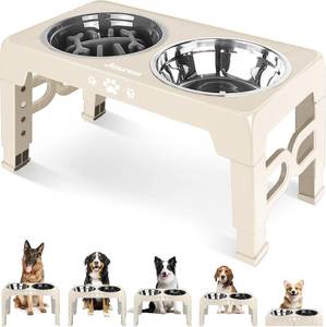 lot 17210 image: Jovrun Elevated Dog Bowls for Medium Large Size Dogs, Non-Slip Dog Feeder with 1Stainless Steel Dishes & 1Slow Feeder Bowl, 5 Heights Adjustable Raised Bowls to 3.15 -8.66 -9.84 -11.02 -12.2