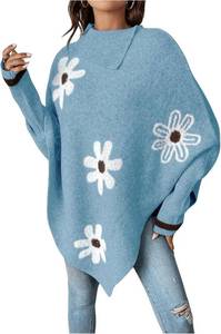 lot 17223 image: MakeMeChic Womens Poncho Sweater Turtleneck Knit Floral Asymmetrical Fall Sweaters Pullover A Blue X-Small