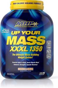 lot 17228 image: Maximum Human Performance MHP UYM XXXL 1350 Mass Building Weight Gainer, Muscle Mass Gains, w50g Protein, High Calories, 11g BCAAs, Leucine, Cookies & Cream, 8 Servings, 6lb
