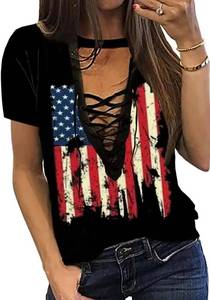 lot 17405 image: Camouflage American Flag Lace Up Blouse Women 4th of July Flag Short Sleeve USA Patriotic Printed Shirt Tops Casual Shirt Size Large