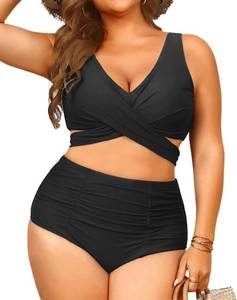lot 17417 image: Women Plus Size High Waisted Bikini - Two Piece Swimsuit Tummy Control Bathing Suit Wrap Tie Back 2025 Swimwear Black 18W