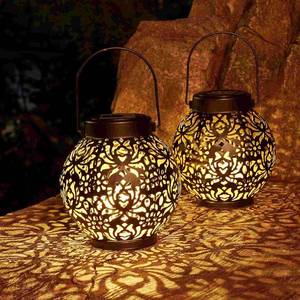 lot 17422 image: Set of 2 Solar Lantern Outdoor Hanging Decorative Lights for Garden Patio Porch Decorations. (Black)