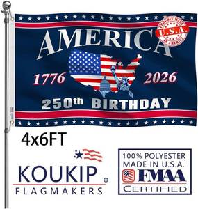 lot 17424 image: Double-sided 250th Anniversary Flag 4x6 Ft, America 250 Flag 4x6, Blue White Red USA Flag & Map Design, Durable 250 Anniversary USA Flag for Indoor Outdoor Celebration