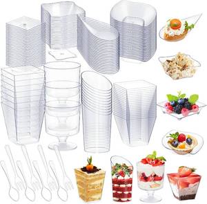 lot 17435 image: Tessco for you 400 Pcs Mini Appetizer Plates Dessert Cups Spoons Forks Set Dessert Containers Assorted Shape Plastic Parfait Cups Disposable Spoon Forks for Party Serving (Clear)