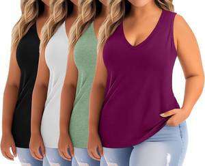 lot 17437 image: Ficerd 4 Pack Womens Plus Size Tank Tops, Casual V Neck Sleeveless Shirts Ladies Flowy Dressy Tunics Work Tees XXL
