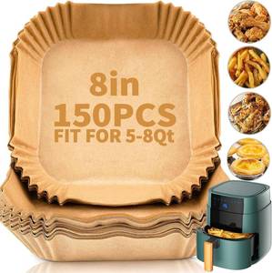 lot 17448 image: 150 PCS Air Fryer Disposable Paper Liners,8 Inch Square Parchment Disposable Paper Liner for 5-8QT Air Fryer,Baking, Roasting and Microwave, Non-Stick Airfryer Accessories