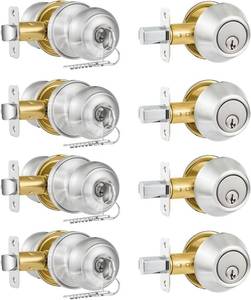 lot 17501 image: Plustool 4 Pack Exterior Door Lock Set, Satin Nickel Door Knob and Deadbolt Combo Set, Keyed Alike Entry Door Knobs with Lock&Keys, Round Ball Door Locksets with Deadbolt for Entrance and Front Door