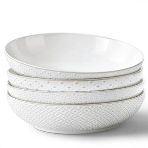 lot 9229 image: Y YHY Large Pasta Bowls, 45 oz Embossed Salad Bowls for Serving Soup, Noodle, Dessert, Dinner, Kitchen Deep Plates, 9.75 Porcelain Shallow Bowls, Soft White Dishes for House-warming Wedding Present - Retail $30