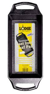 lot 9231 image: Lodge Seasoned Cast Iron Loaf Pan 8.5 Inches - Pre-Seasoned Rectangular Cast Iron Bakeware- Even Browning Bread Pan with Easy-Release Finish - PFAS-Free Non-Toxic Cookware. See pic broken handle - Retail $20