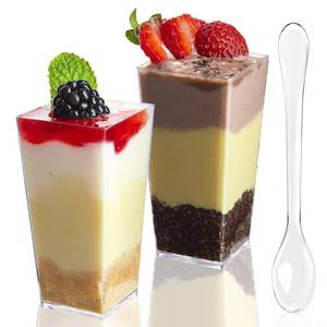 lot 9240 image: TOFLEN 50 Pack 3 oz Square Mini Dessert Cups with Spoons Clear Plastic Dessert Shooter Cups for for Party, Yogurt, Parfait, Cheesecake, Pudding, Jello and Appetizers - Retail $14