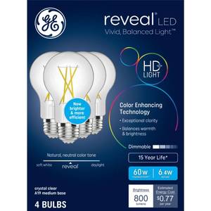 lot 9242 image: GE Reveal HD LED Light Bulbs, 60 Watt, A19 Bulbs (3 Pack) - Retail $15