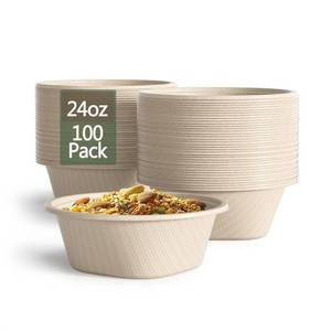 lot 9249 image: 24 Oz Disposable Bowls, 100 Pack Paper Bowls Disposable - Heavy Duty and Eco-friendly Sugarcane and Bamboo Bagasse Biodegradable Bowls for Cereal, Rice, French Fries - Convenient and Compostable - Retail $26