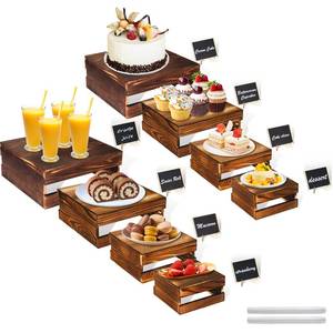 lot 19544 image: 8 Pcs Buffet Risers with Mini Signs, Rustic Wood Cake Stands, Food Risers for Buffet Table, Dessert Display Stand, Wood Crates, Rustic Cake Stand for Party, Wedding, Birthday, Baby Shower, 4 Sizes - Retail $46