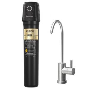 lot 19547 image: AQUALTRA USF02-BKF Under Sink Filter System, 20K Gal with Faucet, NSFANSICAN 372 Certified, Reduce PFOA, PFOS, Chlorine, Lead, Mercury, Chloramine, Fluoride, Microplastic Particles, Bad Taste & Odor - Retail $66