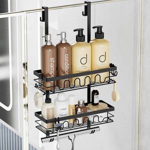 lot 19555 image: Over the Door Shower Caddy Hanging, Rustproof Hanging Shower Organizer for Glass Door, No Drilling Adjustable Shower Shelves for inside shower with 43 Hooks, Suitable for KitchenBathroomBalcony - Retail $19