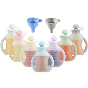 lot 19559 image: PandaEar 7-Pack Reusable Silicone Baby Food Pouches with Handles, 4oz Refillable Squeeze Pouches for Toddlers & Infants, BPA-Free Self-Feeding Yogurt & Smoothie Bags, Includes 2 Funnels - Retail $16