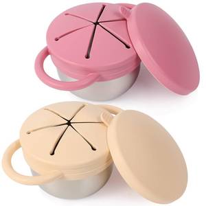 lot 19569 image: Solinfant 2 Pack Stainless Steel Spill Proof Snack Cup for Baby Toddlers Kids, with Silicone Food Catcher, Travel Lid, Spill-Proof Bowl Containers, Toddlers Essentials, Non Toxic BPA Free - Retail $10