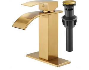 lot 19582 image: Brushed Gold Bathroom Faucet with Pop-Up Drain Assembly - Retail $45