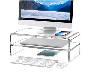 lot 19584 image: Clear Acrylic Monitor Stand with Storage Shelf - Retail $25