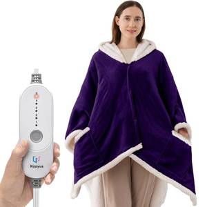 lot 19612 image: Kozyus Wearable Heated Throw Blanket, Heated Shawl Electric Wrap Poncho with Hood & Pockets for Women & Men, 5 Heat Settings, 3H Auto-Off, Machine Washable, ETL Certified, Gift-Ready, 56x63, Purple - Retail $50