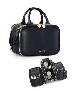lot 19614 image: Prite Makeup Bag for Women, Large Capacity Waterproof Travel Cosmetic Organizer, Portable Open Flat Toiletry Bag with Free-standing Brush Holder and Handle(Black Large) - Retail $30