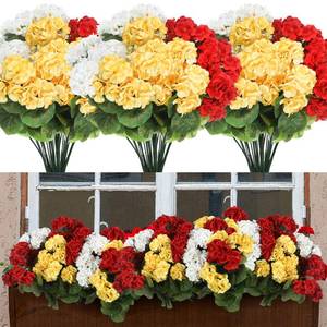 lot 19616 image: Giegxin 8 Pack 18 Artificial Geranium Flowers 72 Blooms UV Resistant Fake Geraniums Silk Bushes for Outdoor Patio Garden Home Decor(Ruby Red, Yellow, White) - Retail $37