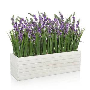 lot 19624 image: 14 Inch Artificial Lavender Flower Arrangement in Rustic Rectangular Wood Planter Box Purple Fake Lavender Flower Faux Potted Lavenders Plants for Table Centerpiece Windowsill Shelf Home Decor Indoor - Retail $31