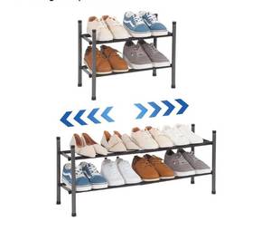 lot 24120 image: STORAGE MANIAC Expandable Shoe Rack, 8 Pairs Stackable Small Shoe Rack, Metal Adjustable Shoes Organizer for Closet, Entryway, Hallway, Garage, Front Door, Shoes Shelves, Black 2 Tier - Retail $18