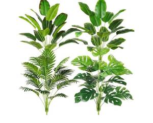lot 24121 image: Yunlly 4 Pcs Fake Plants Tall Artificial Faux Plants Indoor for Home Decor 32 Inch Tropical Artificial Palm Tree, Banana Leaves Tree, Monstera, Taro Leaves for Office Outdoor(Classic - Retail $38