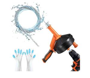 lot 24122 image: Drain Auger, Clog Remover with Drill Adapter, 25 Feet Flexible Plumbing Snake Use Manually or Powered for Kitchen, Bathroom and Shower Sink, Comes with Gloves (orange) - Retail $32