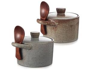 lot 24124 image: Honeydak 2 Set Speckled Ceramic Salt Cellar with Lid and Wooden Spoon, Rustic Farmhouse Salt Pepper Cellar Holder for Mothers Day, Housewarming Gift, Heavyweight Spices Jar (Light Gray Retro Color) - Retail $22