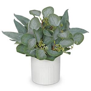 lot 24125 image: Artificial Plants Indoor with Pot, 11.8 Faux Eucalyptus Stems in Ceramic Vase for Table, Desk, Shelf, Small Fake Potted Plants Eucalyptus Leaves for Centerpieces, Living Room, Bathroom, Bedroom - Retail $21