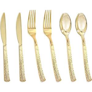 lot 24133 image: Nervure 300PCS Gold Hammered Plastic Silverware - Heavy Duty Plastic Cutlery - Gold Disposable Utensils Includes 100 Forks, 100 Knives, 100 Spoons Perfect for Wedding & Party - Retail $38