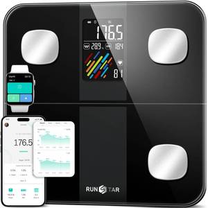 lot 24141 image: RunStar Smart Scale for Body Weight and Fat Percentage, High Accuracy Digital Bathroom Scale with Large Display for BMI Heart Rate 22 Body Composition Analyzer Sync with Fitness App 400lb - Retail $40