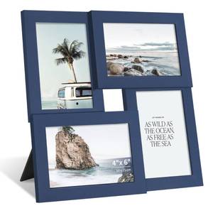 lot 24142 image: SZYUU 4x6 Collage Picture Frame with Real Glass, 4 Opening Wooden Photo Collage Frame with Stand, Family Multi Picture Frame for Wall or Tabletop Display, 4 Photo Gallery Frame for Home Decor, Navy Blue - Retail $27
