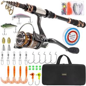 lot 24157 image: PLUSINNO Fishing Rod and Reel Combos -24 Ton Carbon Fiber Telescopic Fishing Pole - Spinning Reel 12 1 Shielded Bearings Stainless Steel BB-Free Carrier Bag Case, Travel Saltwater Freshwater Fishing - Retail $45