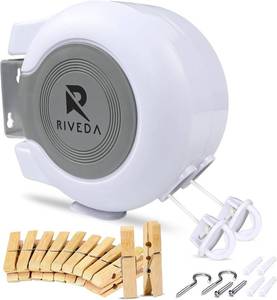 lot 24167 image: RIVEDA Dual Retractable Clothesline 49 ft Each Line with 24 Clothes Pins - Heavy Duty Clothes Line Indoor & Outdoor Laundry Line -Double Clothing line - Easy Installation (White) - Retail $29