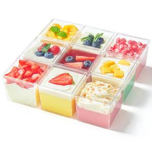 lot 24168 image: Qeirudu 5 oz Square Dessert Cups with Lids and Spoons, 50 Pack Mini Plastic Parfait Cups Small Shooter Cups for Pudding Mousse Appetizer Fruit Ice Cream - Retail $21