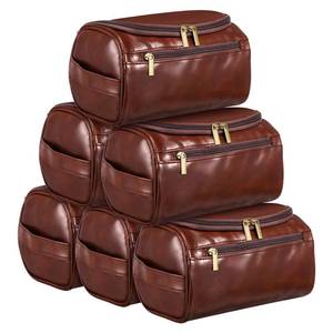 lot 24176 image: AojSup 5 Pcs Groomsmen Gift Leather Toiletry Bag for Men Travel Shaving Kit Bathroom Bag Make up Cosmetic Proposal Supplies for Wedding Favor Grooming Anniversary Boyfriend Father, Brown - Retail $31