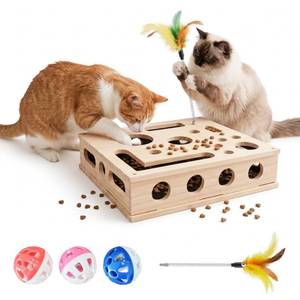 lot 24180 image: MissYolo Cat Nail File Box, Solid Wood Cat Scratch Puzzle Enrichment Toy with Built-in Grooming Paper, Interactive Hideaway for Indoor Cats with 3 Bell Balls and Feather Cat Toy (Color Natural Wood) - Retail $26