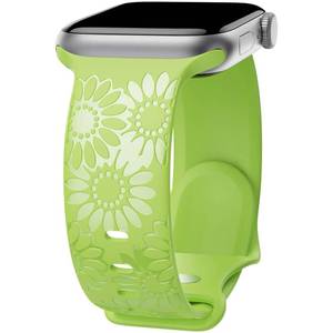 lot 28113 image: Sunflower Engraved Band Compatible with Apple Watch Bands 38mm 40mm 41mm 42mm 44mm 45mm 49mm Women, Designer Soft Glossy Floral Silicone Strap for iWatch Series Ultra 11 10 9 8 7 6 SE 5 4, Green38 - Retail $78