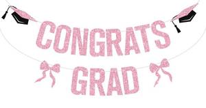 lot 28114 image: Pink Glitter Congrats Grad Banner, Class of 2026Congrats 2026, 2026 Senior High School College University Graduation Party Decorations Supplies - Retail $7