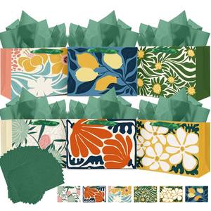 lot 28116 image: Qiqee 9.6x7.9x4.3 6PCS Clash Flowers Paper Gift Wide Bags with Tissue Paper Handles Medium Size Bags Tissue Paper - Retail $12