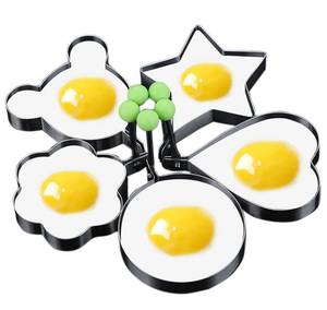 lot 42721 image: Stainless Steel Egg Molds, 5 Pack 3.5 Inch Different Shape Silver Egg Ring Molds for Cooking and Griddle of Flapjack, Bread and Chocolate - Retail $6