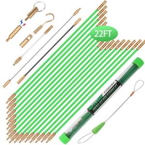 lot 43066 image: FTIHTRY 22FT Fiberglass Running Electrical Wire Cable Glow Rods Wire Pulling, Fish Rods Electrical Kit with 8 Different Attachments and Fish Tape Wire Puller Kit - Retail $18