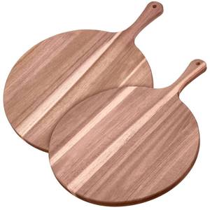 lot 43083 image: 2 Pcs Round Wood Cutting Board Pizza Charcuterie Boards 16 x 12 Acacia Serving Board Wooden Peel Cheese Paddle with Handle Kitchen Gift for Home Food Baking Cheese Fruits Vegetables Bread - Retail $29