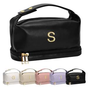 lot 43084 image: Vogewood Initial Cosmetic Bags Personalized Bags with Handle, Waterproof Double Layer Makeup Bag, Large Capacity PU Leather Makeup Bags Letter Travel Toiletry Bag with Makeup Brush Organizer - Retail $24